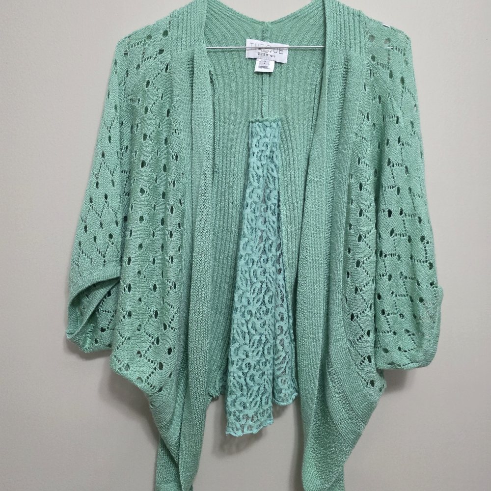 The Cue Ladies Size Medium Petite Cardigan Crop Crochet Lace Mint Green Spring